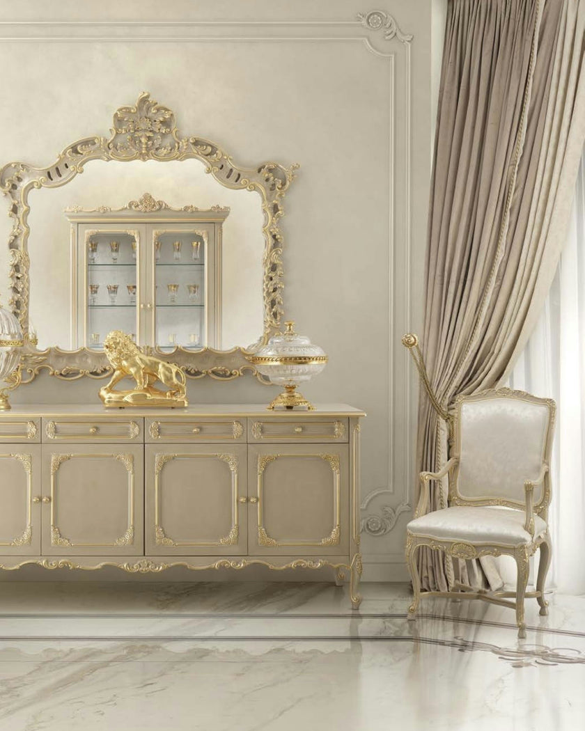 Eclectic Imperial Carved Chair with Armrest in Pearl Satin*
