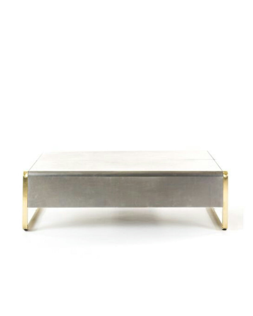 FUMÉE Rectangular Coffee Table – Brass Artistry Meets Smoky Steel
