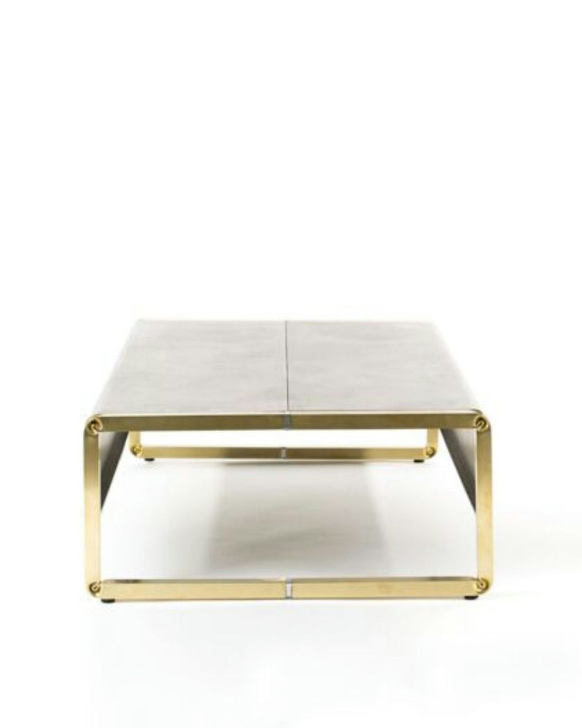 FUMÉE Rectangular Coffee Table – Brass Artistry Meets Smoky Steel