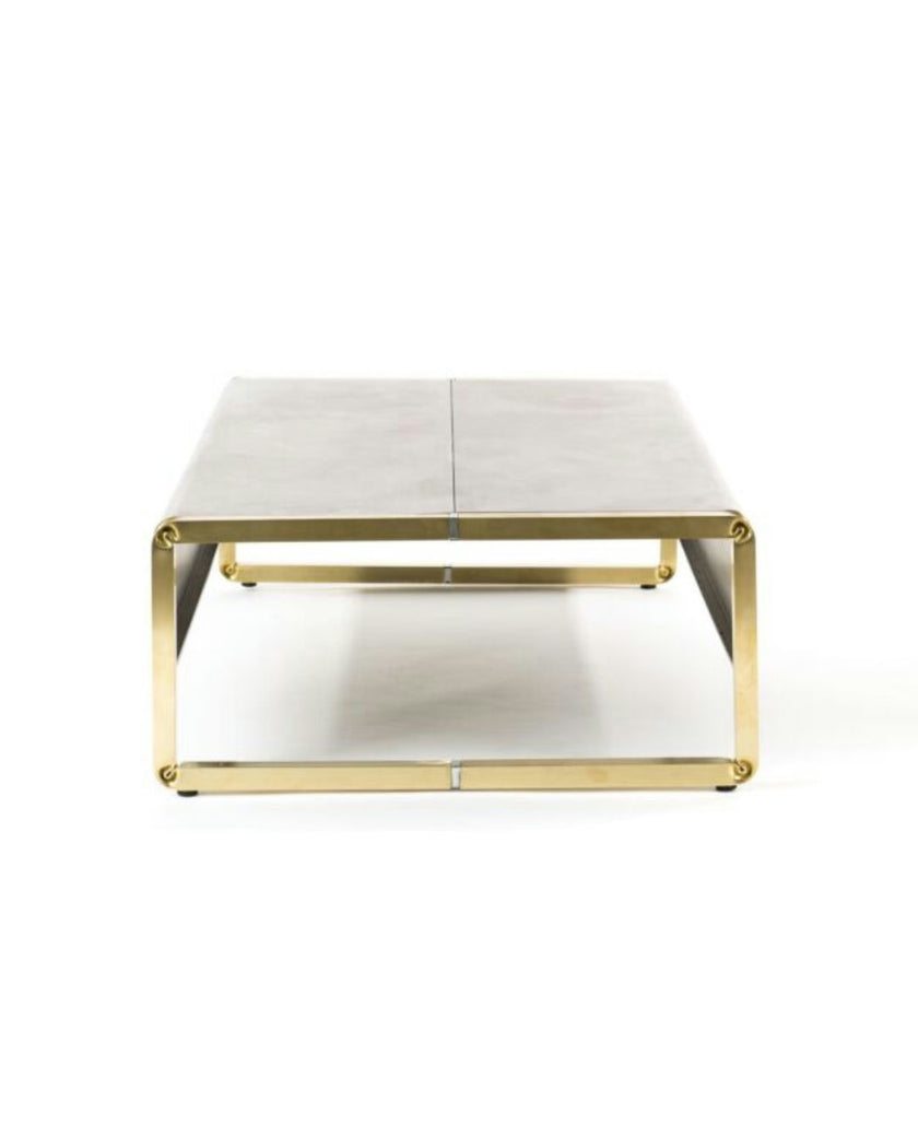 FUMÉE Rectangular Coffee Table – Brass Artistry Meets Smoky Steel