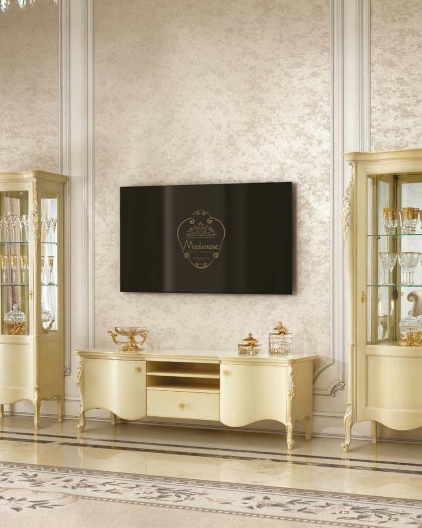 Timeless Regal Lacquered TV Console with Gold Accents*